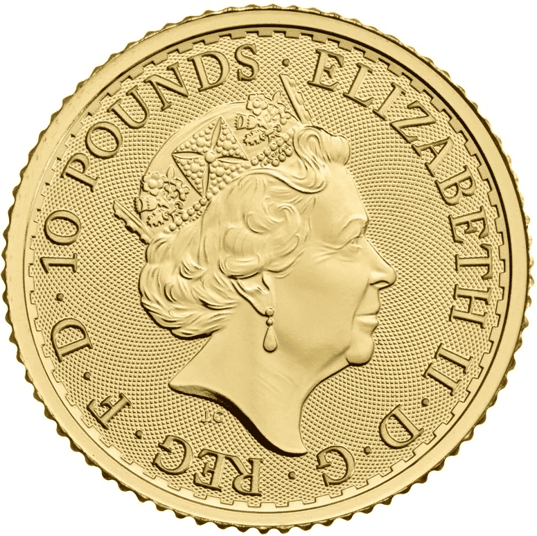 1/10 oz Gold Britannia QEII Coin 2023 — obverse, Queen Elizabeth II