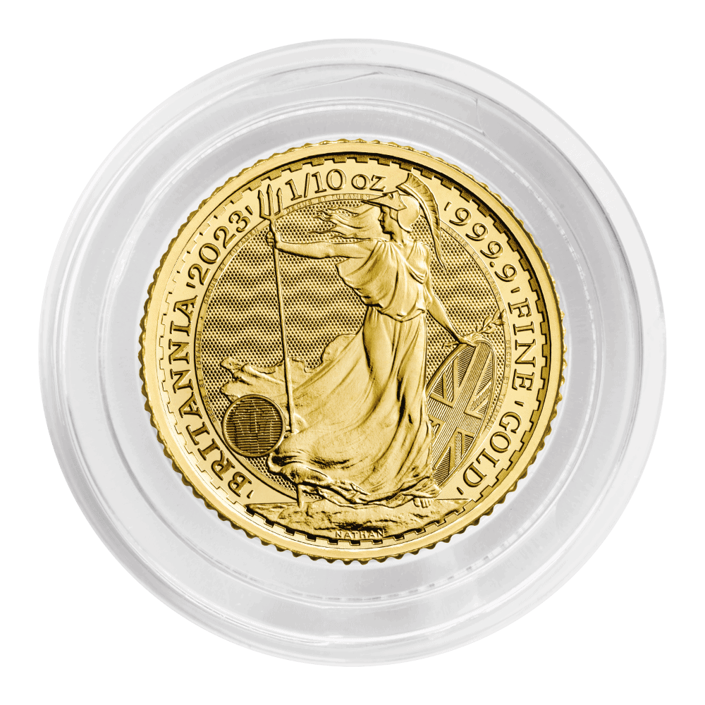 1/10 oz Gold Britannia QEII Coin 2023 — reverse, in capsule