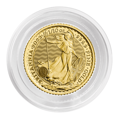 1/10 oz Gold Britannia QEII Coin 2023 — reverse, in capsule