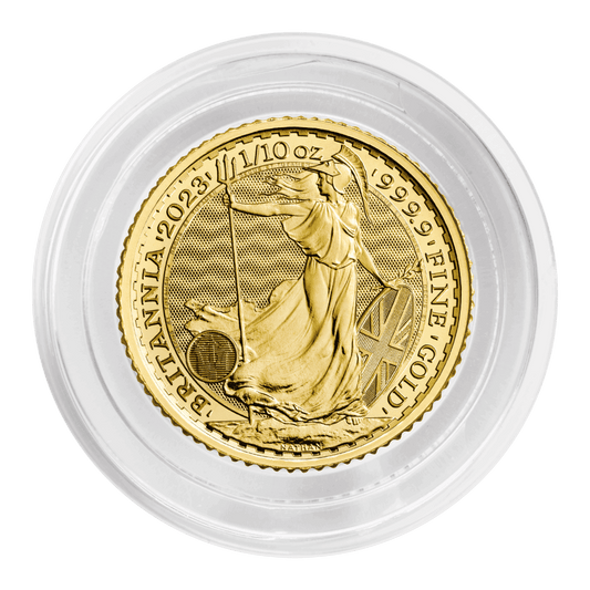 1/10 oz Gold Britannia QEII Coin 2023 — reverse, in capsule