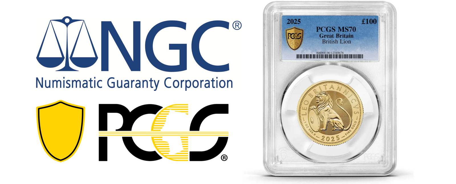 The NGC and PCGS grading service logos beside a 2025 £100 British Lion one-ounce gold coin sealed in a PCGS holder and graded MS70