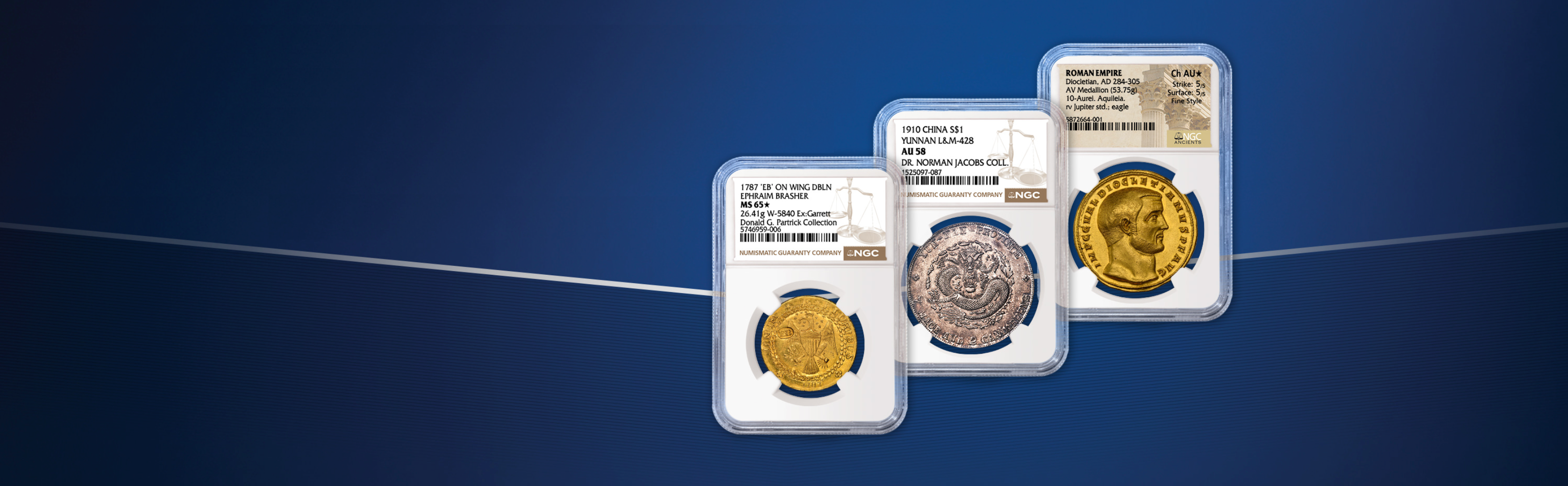 Three NGC-certified coins in sealed holders: a 1787 Brasher doubloon, a 1910 Chinese Yunnan dollar and a Roman gold medallion of Diocletian
