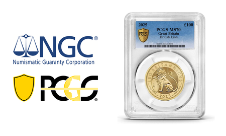 NGC and PCGS grading logos beside a PCGS MS70 graded 2025 British Lion 1oz gold coin in its sealed holder