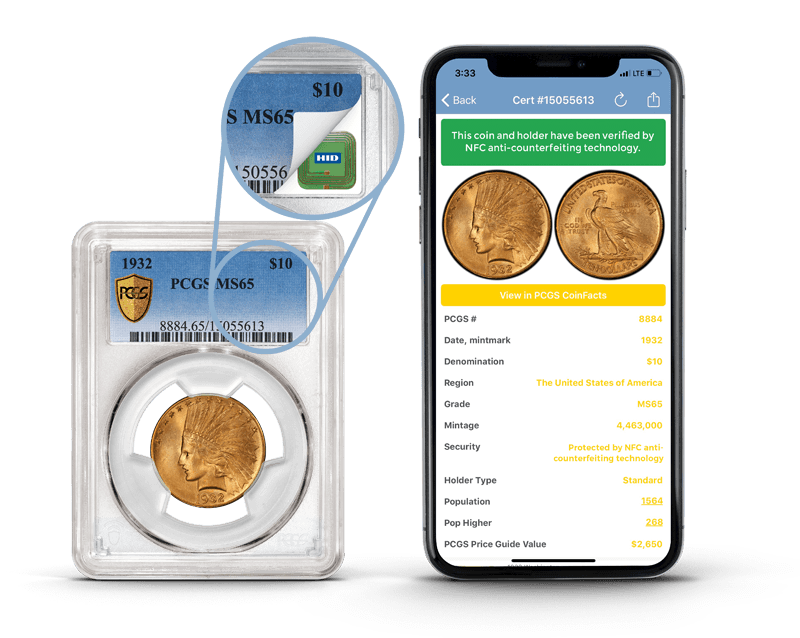 A PCGS-graded gold coin beside a phone showing its certification record verified by NFC, listing the date, denomination, grade, mintage and population