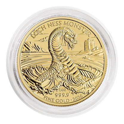 2026 Loch Ness Monster Legendary Creatures 1oz Gold Coin — reverse, in capsule
