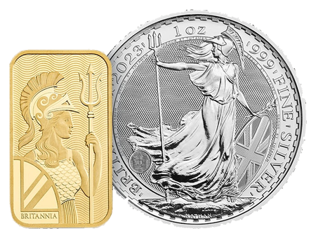 A 1oz gold Britannia bar beside a 1oz silver Britannia coin on a white background